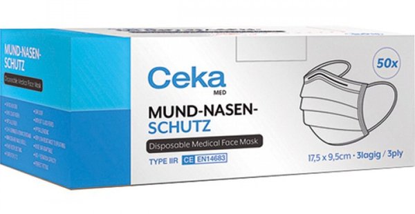 Ceka Med Mundschutz / Maske 3 lagig BFE Typ IIR 98% Filterschutz gegen Bakterien